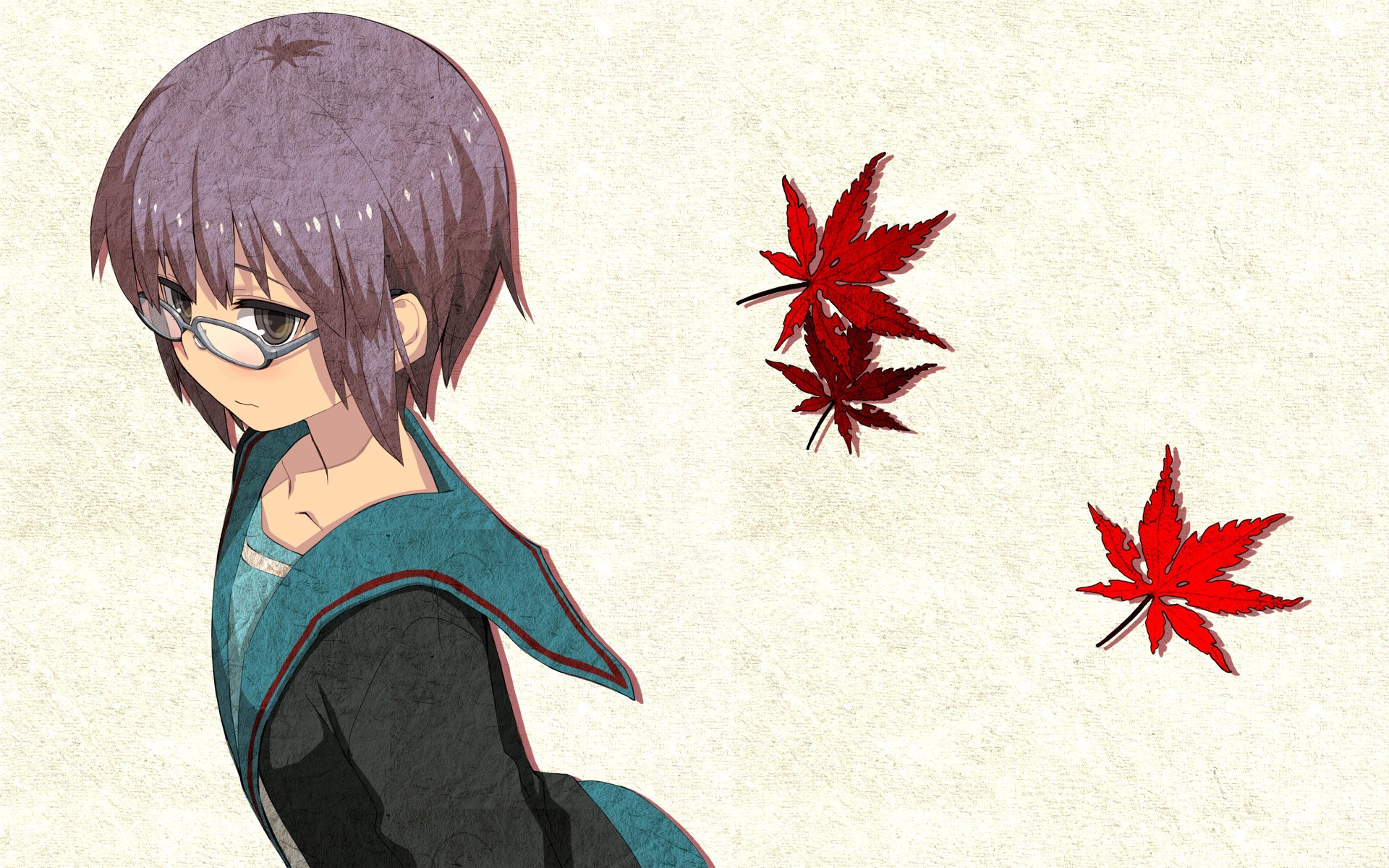 HD anime desktop wallpaper featuring Yuki Nagato from The Melancholy of Haruhi Suzumiya, with a minimalist background and red maple leaves.