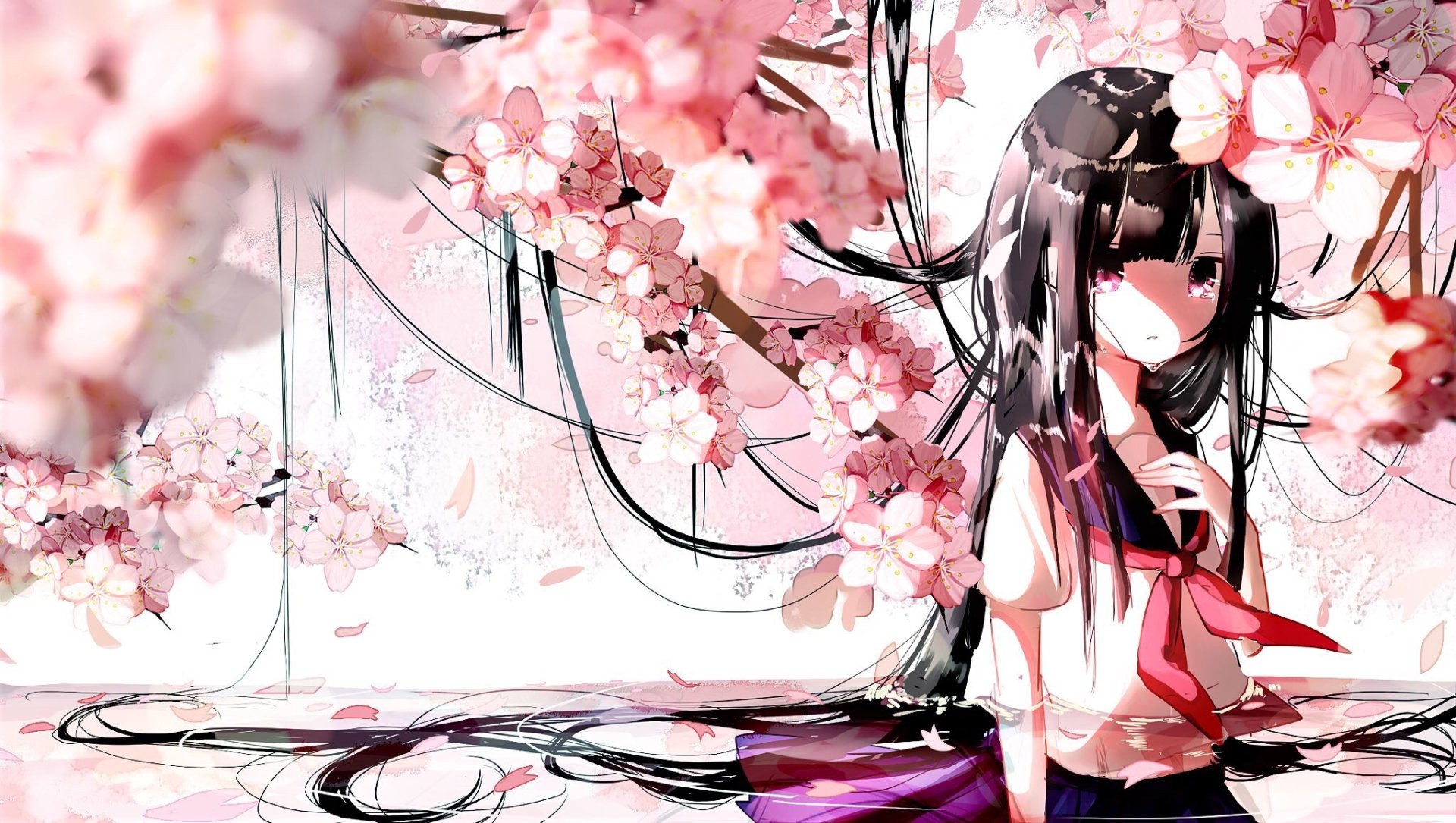 HD anime original artwork depicting a girl with long black hair surrounded by blooming pink cherry blossoms, designed as a vibrant PC desktop wallpaper background.