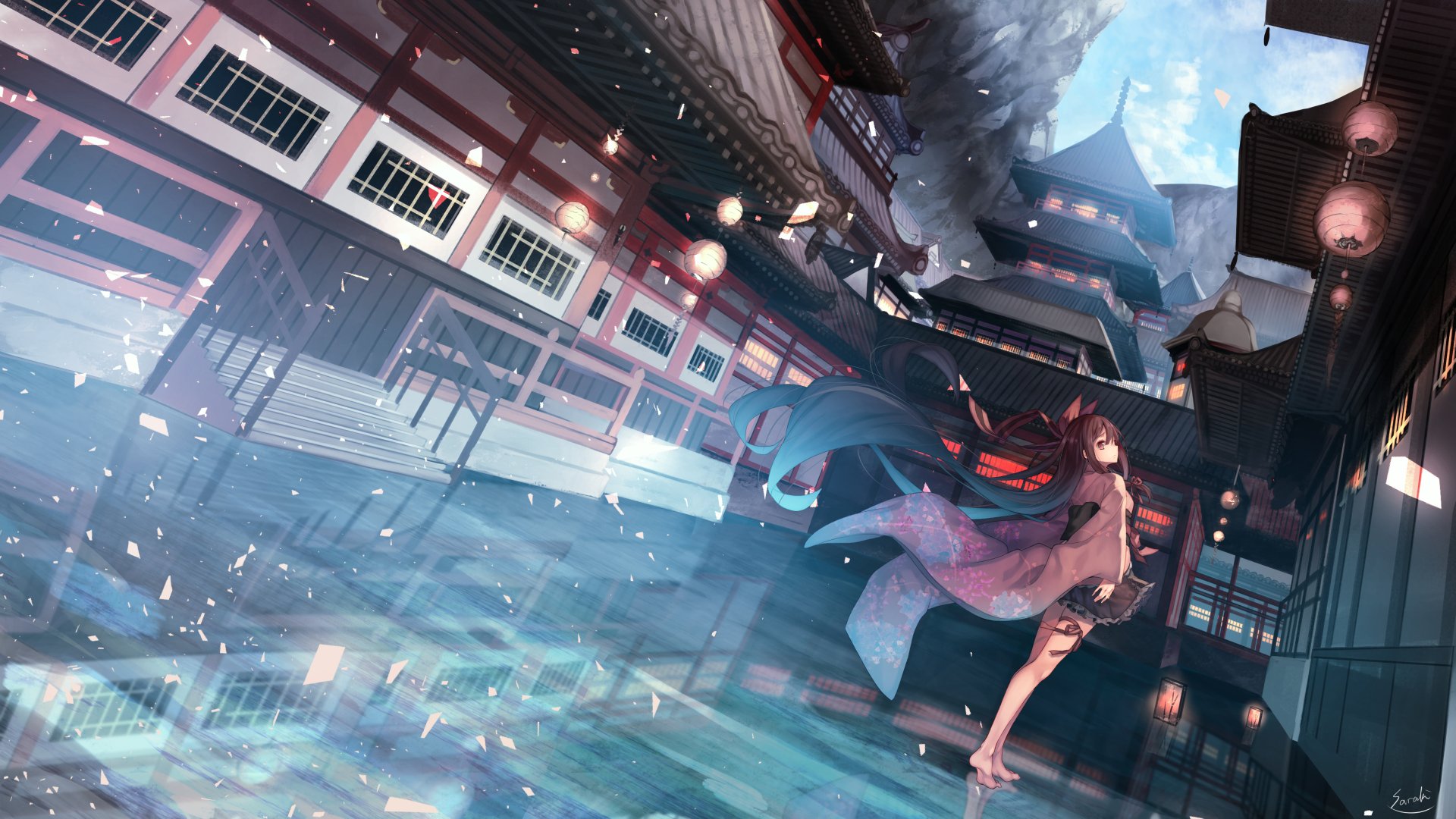 HD anime-style original PC desktop wallpaper featuring a dynamic scene with a character in traditional attire amidst lantern-lit, Japanese-inspired architecture under a cloudy sky.