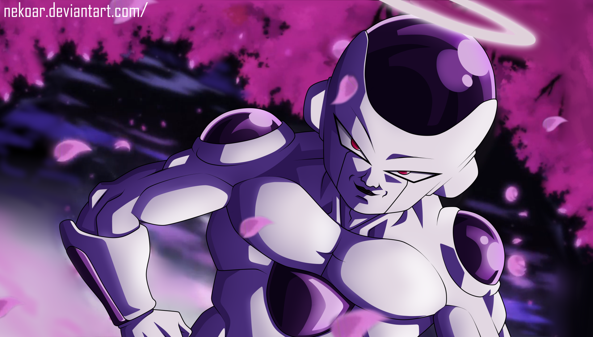 Frieza from Dragon Ball Super is depicted in this vibrant anime-style 4K Ultra HD desktop wallpaper, set against a dynamic purple and black background.