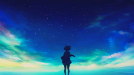 HD PC desktop wallpaper featuring Mirai Kuriyama from the anime Beyond the Boundary, silhouetted against a vibrant, star-filled twilight sky.