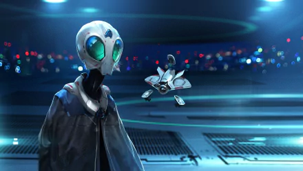 HD wallpaper featuring an alien figure from Endless Space 2 against a futuristic spaceship interior.