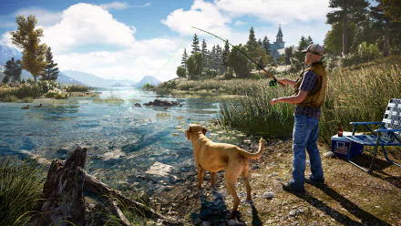 A fisherman casts his line in a serene lake as his dog stands nearby, framed by the lush, scenic environment of the video game Far Cry 5. The image is an HD desktop wallpaper and background.