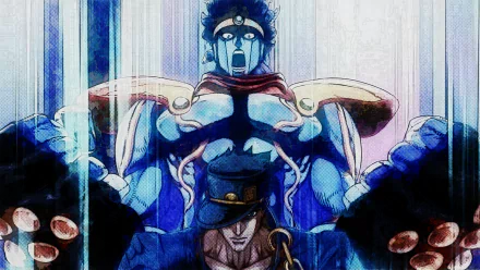 HD PC desktop wallpaper featuring Jotaro Kujo with his Stand, Star Platinum, from the anime Jojo's Bizarre Adventure.
