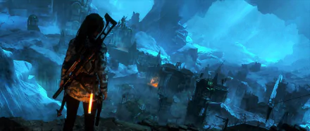 HD desktop wallpaper featuring Lara Croft from the video game Rise of the Tomb Raider, overlooking a beautifully detailed, mysterious landscape.