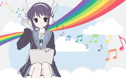 HD anime desktop wallpaper featuring Yuki Nagato from The Melancholy of Haruhi Suzumiya, headphones on, with colorful musical notes and a rainbow background.