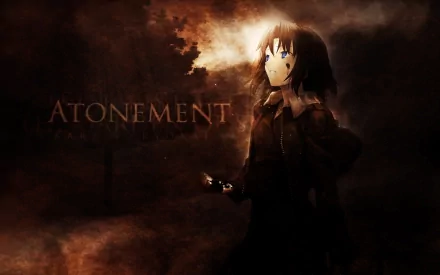 A striking HD desktop wallpaper featuring a character from the anime Kara no Kyōkai, set against a moody backdrop with the word ATONEMENT prominent in the composition.