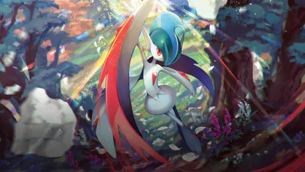 HD desktop wallpaper featuring Mega Gallade from Pokemon anime, showcasing a dynamic pose in a vibrant forest with colorful light effects.