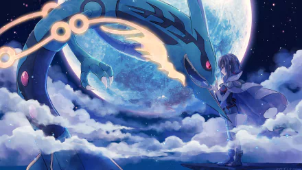 Anime-style HD wallpaper featuring Higana (Pokémon) and Rayquaza (Pokémon) under a mystical moonlit sky, surrounded by clouds.