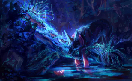 A blue, origami-style fantasy dog stands by a glowing water pool in a mystical nature scene, blending animal and fantasy elements in high-definition detail.