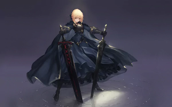 HD desktop wallpaper featuring Saber from the Fate Series, specifically from Fate/stay Night Movie: Heaven's Feel, standing confidently with two swords against a dark background.