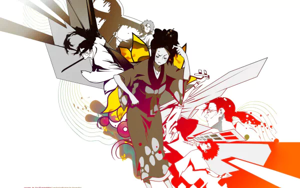 HD PC desktop wallpaper/background featuring Samurai Champloo anime trio Fuu, Mugen, and Jin in a dynamic, stylized composition.