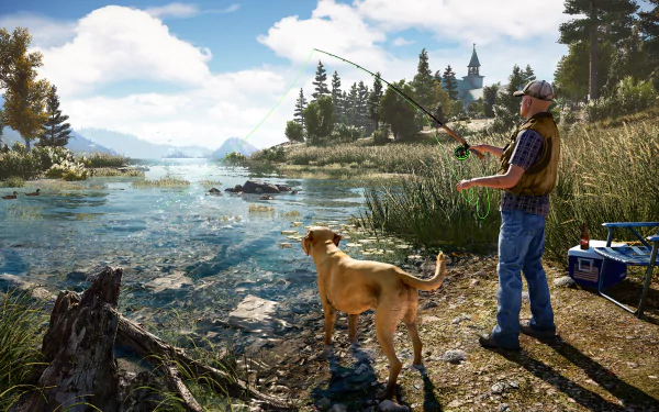 A fisherman casts his line in a serene lake as his dog stands nearby, framed by the lush, scenic environment of the video game Far Cry 5. The image is an HD desktop wallpaper and background.