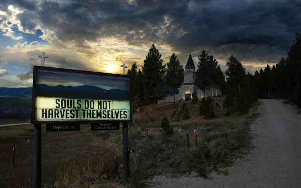 HD wallpaper of Far Cry 5 showing a sign reading Souls Do Not Harvest Themselves near a church at sunset with a dramatic sky.