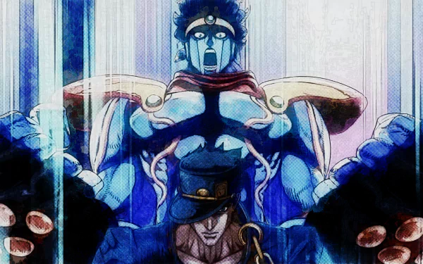 HD PC desktop wallpaper featuring Jotaro Kujo with his Stand, Star Platinum, from the anime Jojo's Bizarre Adventure.