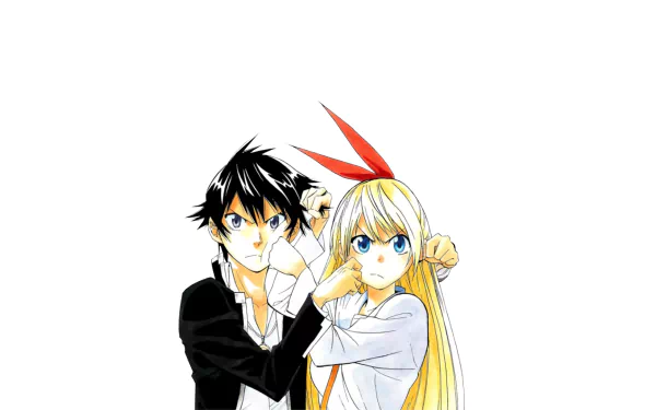 HD anime wallpaper featuring Raku Ichijō and blonde-haired Chitoge Kirisaki in school uniforms with striking blue eyes from Nisekoi.