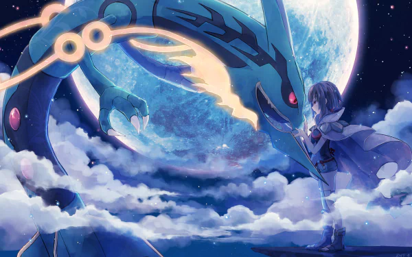 Anime-style HD wallpaper featuring Higana (Pokémon) and Rayquaza (Pokémon) under a mystical moonlit sky, surrounded by clouds.