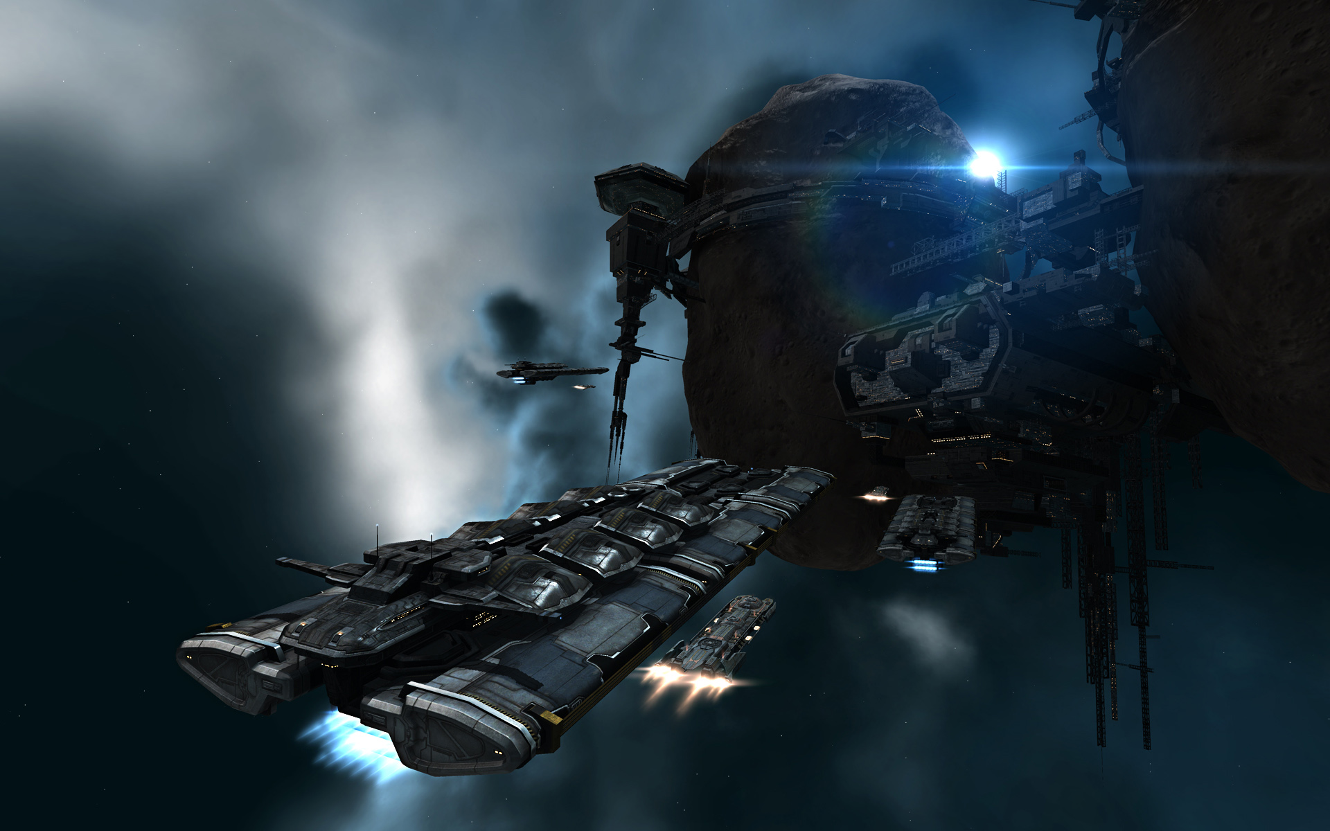 EVE Online's mesmerizing space scene with stars and a distant planet.