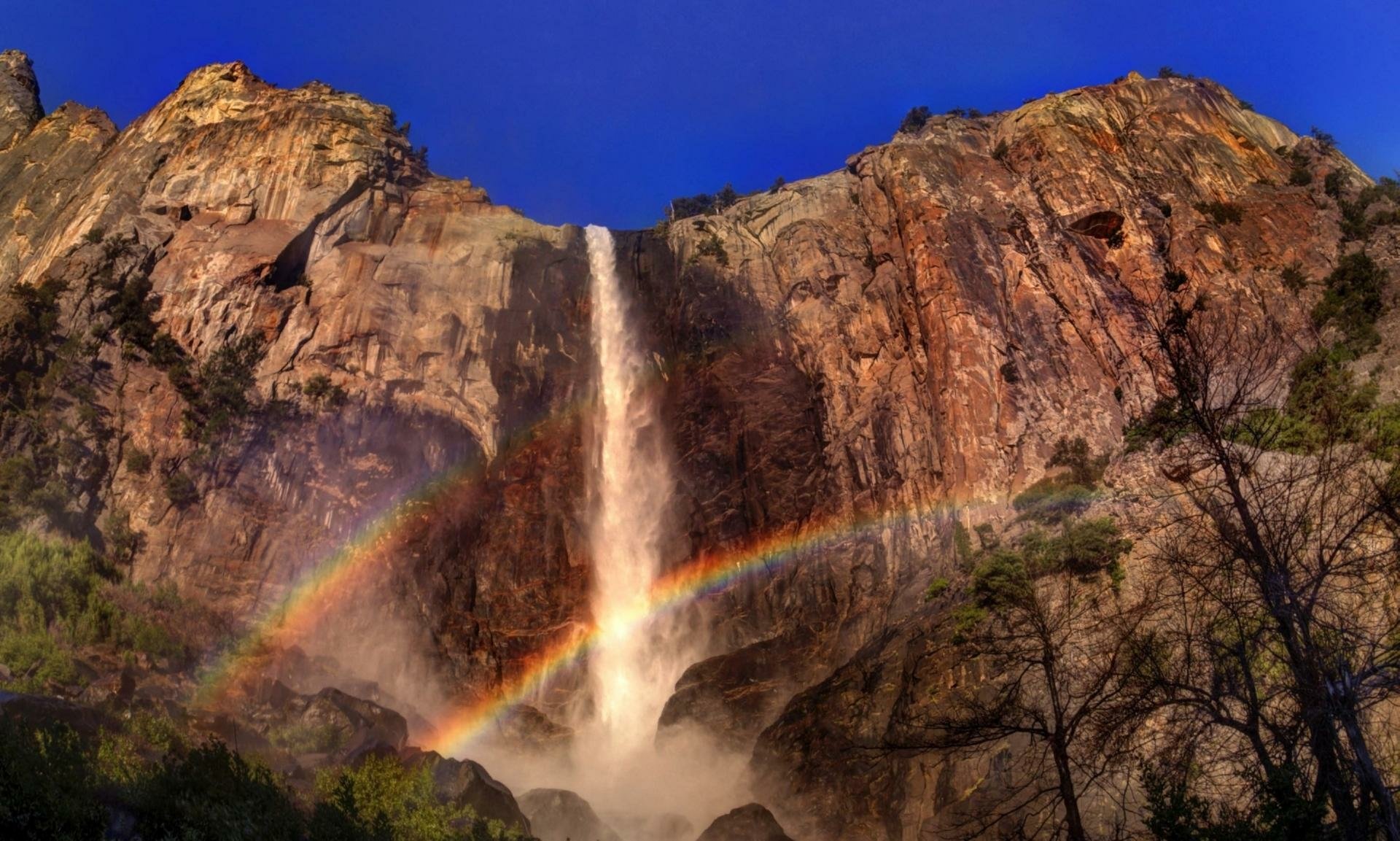 Download Cliff Rainbow Waterfall Nature Yosemite Falls HD Wallpaper