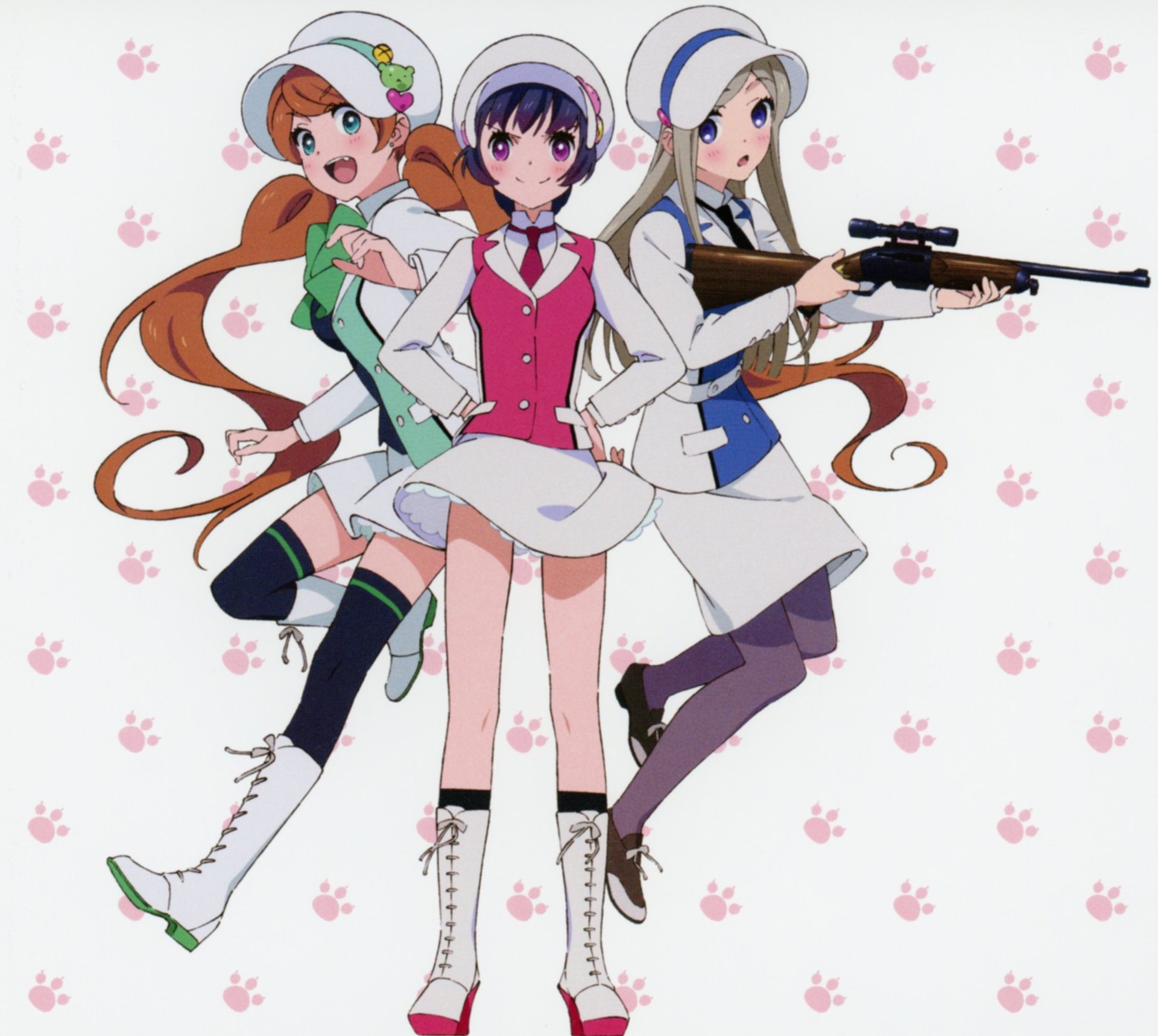 Kureha Tsubaki, Lulu Yurigasaki, and Ginko Yurishiro from Yurikuma Arashi pose in school uniforms with a pink paw-print background, 2K Quad HD PC desktop wallpaper