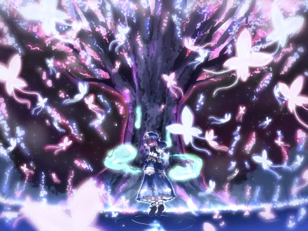 HD wallpaper featuring Yuyuko Saigyouji from the Touhou series, standing before a luminous, otherworldly tree with pastel butterflies in a vibrant night scene.