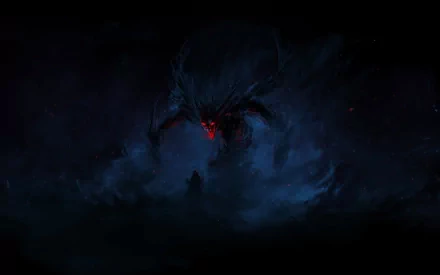 HD desktop wallpaper featuring a dark, ominous creature with glowing red eyes, appearing as a demon or monster emerging from shadows. The background is a mix of deep blacks and dark blues, creating a mysterious atmosphere.