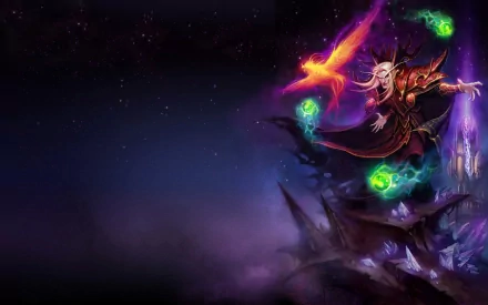 A stunning HD desktop wallpaper featuring Kael'thas Sunstrider from the video game World of Warcraft, surrounded by vibrant magical elements and a mystical background.