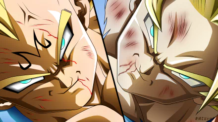 8K Ultra HD Dragon Ball Z anime wallpaper featuring close-up intense battle faces of two fighters with bruises, showcasing dynamic emotion and detail on a PC desktop background.
