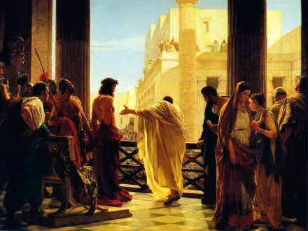 Artistic HD painting depicting a scene of Jesus Christ in ancient Rome, surrounded by people in a historical Christian setting. The artwork captures a significant moment in Christian religion.