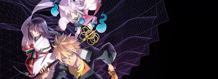 Tokyo Ravens anime 2K desktop wallpaper: Harutora Tsuchimikado in foreground with determined gaze, Natsume Tsuchimikado and Kon hovering above amid purple mesh magic patterns.