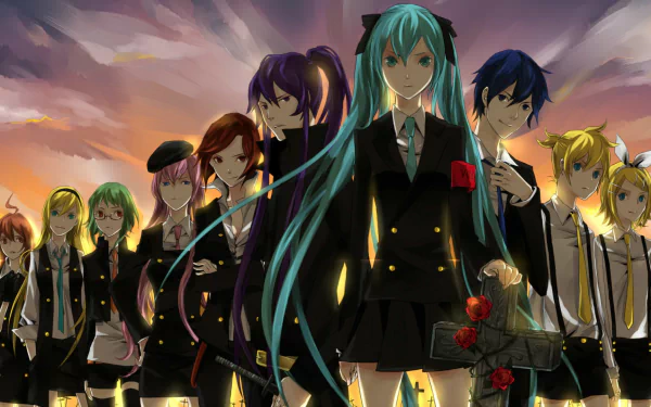 HD PC anime Vocaloid desktop wallpaper showing Hatsune Miku at center with Meiko, Luka Megurine, Lily, Kamui Gakupo, Kaito, Rin and Len Kagamine, GUMI and CUL in dark uniforms at sunset.