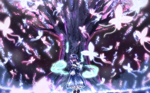 HD wallpaper featuring Yuyuko Saigyouji from the Touhou series, standing before a luminous, otherworldly tree with pastel butterflies in a vibrant night scene.
