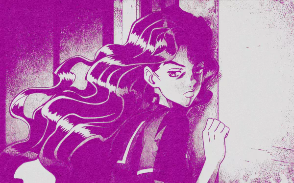 HD anime desktop wallpaper featuring Yukako Yamagishi from Jojo's Bizarre Adventure in a stylized, high-contrast purple and white design.