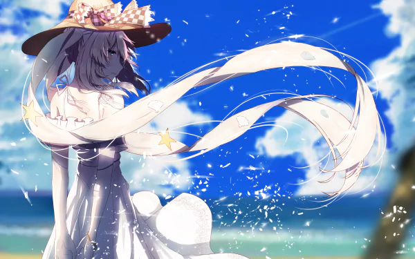 HD desktop wallpaper of Marie Antoinette from Fate/Grand Order, showcasing an anime-style character in a flowing dress and large hat, set against a vibrant blue sky and beach background.
