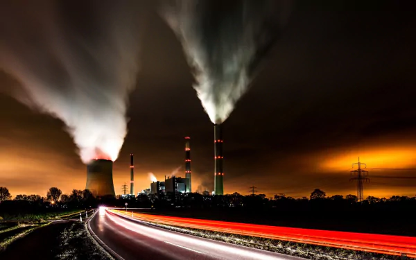 Nighttime HD wallpaper of a nuclear power plant emitting smoke, captured with time-lapse light trails highlighting the man-made industrial scene.
