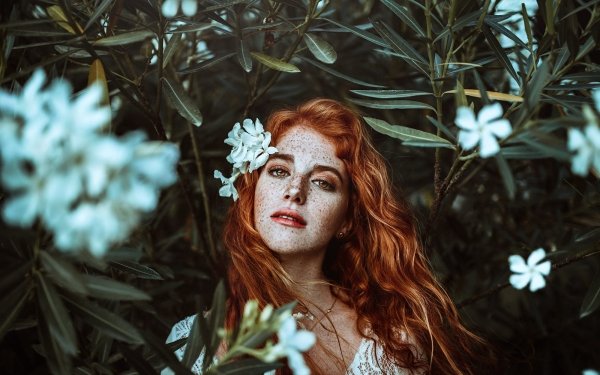 Women Model Redhead White Flower Freckles Face Brown Eyes HD Wallpaper | Background Image