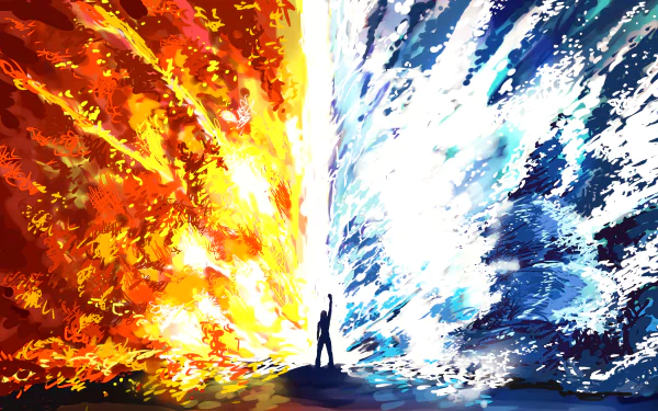 A fantasy HD desktop wallpaper featuring a woman standing between blazing fire and flowing water, embodying the magic and elemental forces of fire and water.