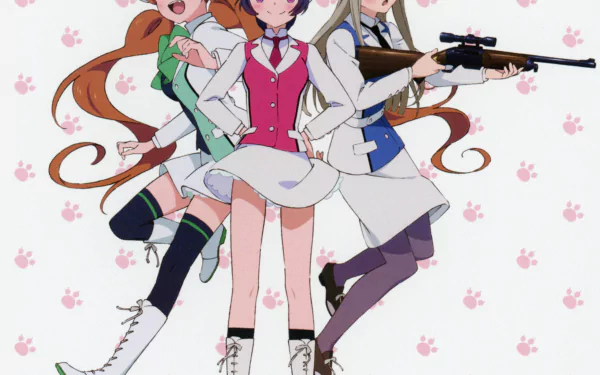 Kureha Tsubaki, Lulu Yurigasaki, and Ginko Yurishiro from Yurikuma Arashi pose in school uniforms with a pink paw-print background, 2K Quad HD PC desktop wallpaper