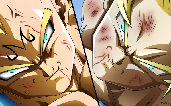 8K Ultra HD Dragon Ball Z anime wallpaper featuring close-up intense battle faces of two fighters with bruises, showcasing dynamic emotion and detail on a PC desktop background.