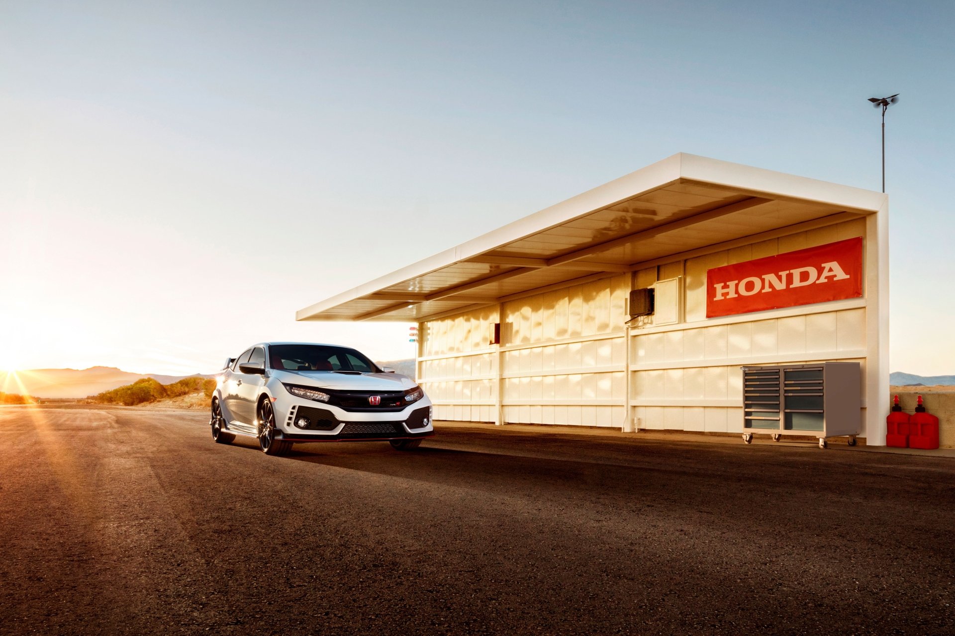 White Honda Civic Type R parked by a roadside shed at sunset — 5K Ultra HD PC desktop wallpaper featuring the Honda Civic car/vehicle.