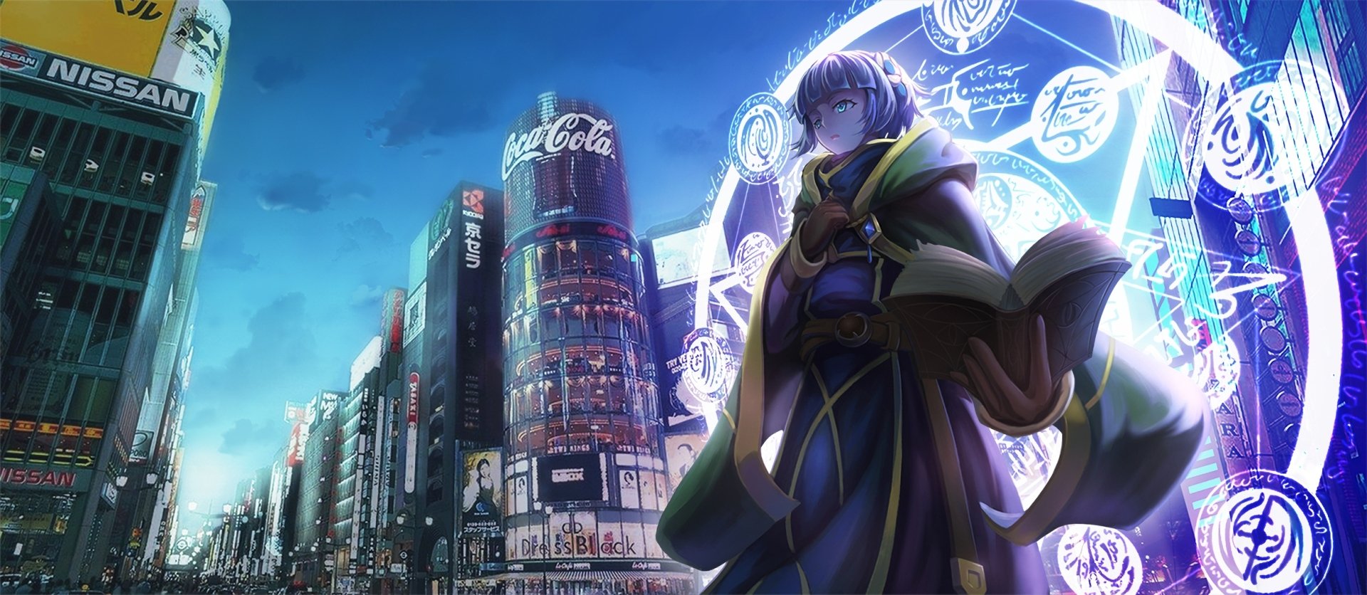 HD wallpaper and background from the anime Re:Creators, featuring a character in a detailed urban cityscape at dusk, with vibrant lights and holographic symbols.