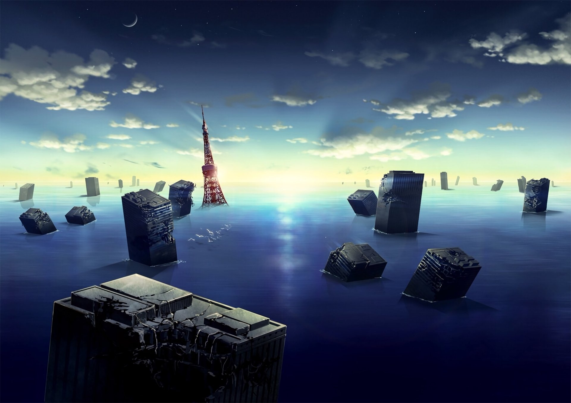 HD anime wallpaper featuring a surreal flooded cityscape under a cloudy sky, with partially submerged buildings and a distant tower.