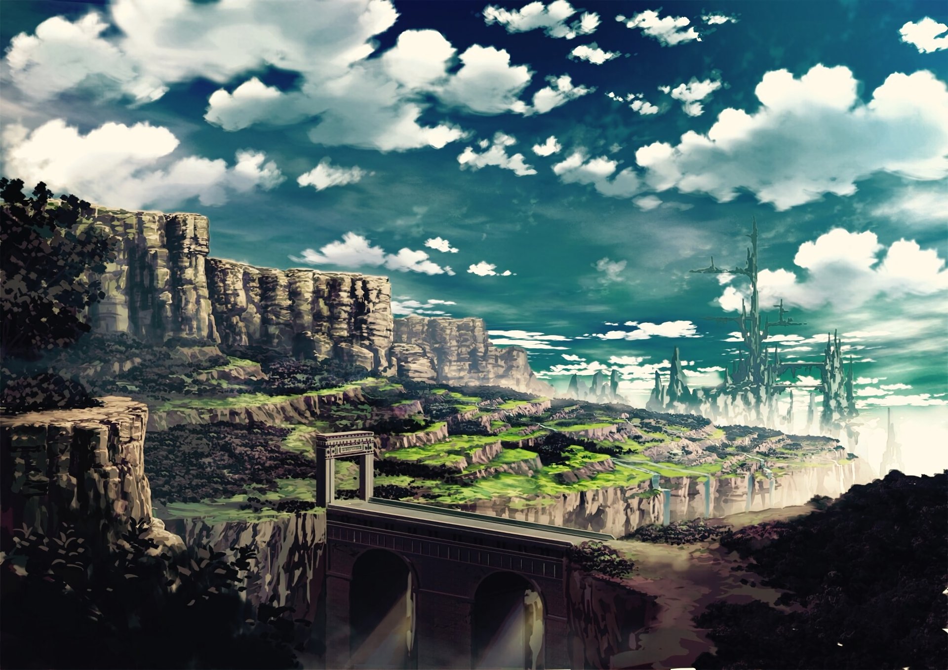 HD anime wallpaper featuring an original scenic landscape with rocky cliffs, lush greenery, and a dramatic sky filled with clouds. A bridge is visible in the foreground, blending into the natural surroundings.