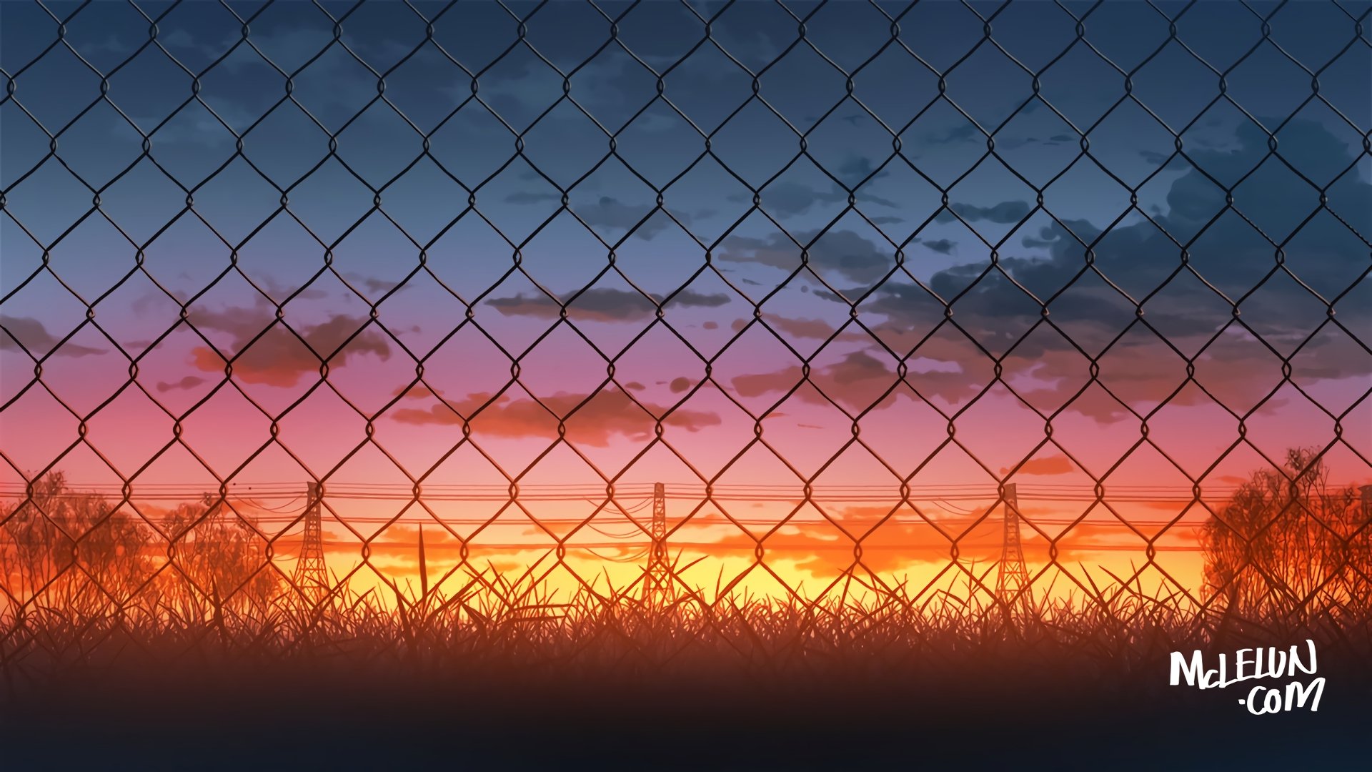 HD desktop wallpaper featuring an original anime-style sunset behind a chain-link fence, with vibrant colors of a setting sun blending into the darkening sky.