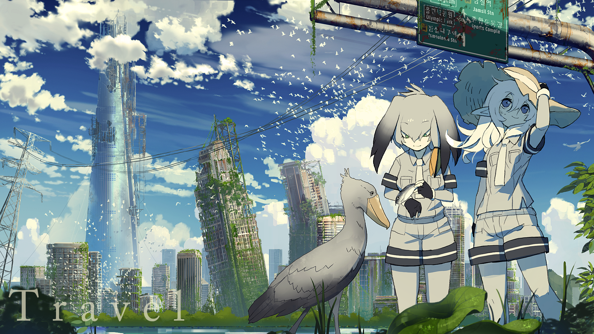 HD anime wallpaper featuring Shoebill from Kemono Friends standing beside a calm shoebill bird, set against a detailed cityscape with clear blue skies and scattered clouds.