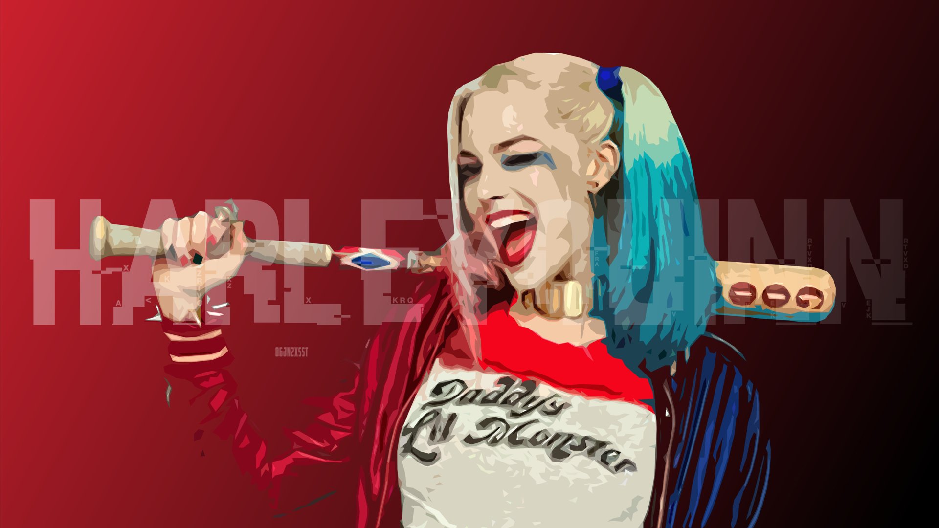 This HD desktop wallpaper features Margot Robbie as Harley Quinn from the movie Suicide Squad, holding a baseball bat and sporting her iconic look with colorful hair against a bold red background.