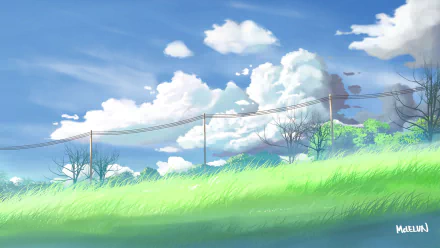 HD anime original artwork depicting a vibrant green field under a bright blue sky with fluffy clouds, designed as a PC desktop wallpaper and background.