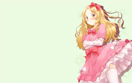 HD desktop wallpaper featuring Elf Yamada from the anime EroManga-Sensei, dressed in a pink frilly outfit, set against a light-colored background with star accents.