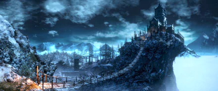 HD wallpaper depicting a night scene from Dark Souls III, featuring a rope bridge leading to a mysterious castle perched atop a rocky cliff, illuminated under a cloudy, moonlit sky.