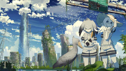 HD anime wallpaper featuring Shoebill from Kemono Friends standing beside a calm shoebill bird, set against a detailed cityscape with clear blue skies and scattered clouds.